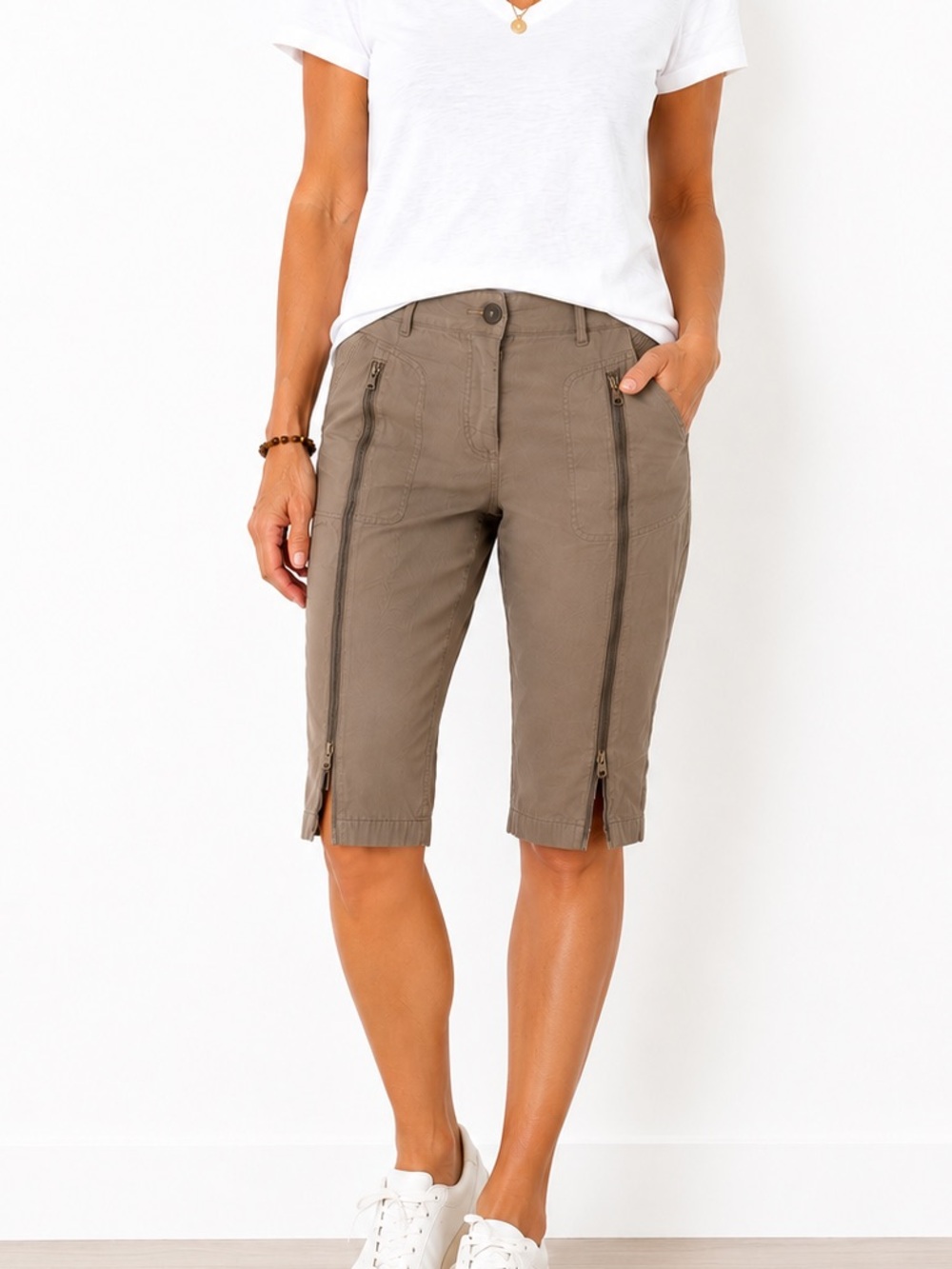 French Connection Taupe Utility Zip Capri Pants Size 8 Cotton Cargo Cropped